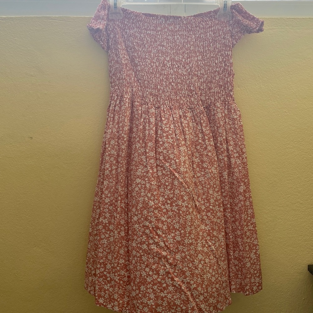 Strapless peach floral mini dress